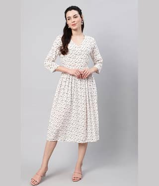 Flamboyant Women Cotton Printed Fit & Flare Dress ( White )