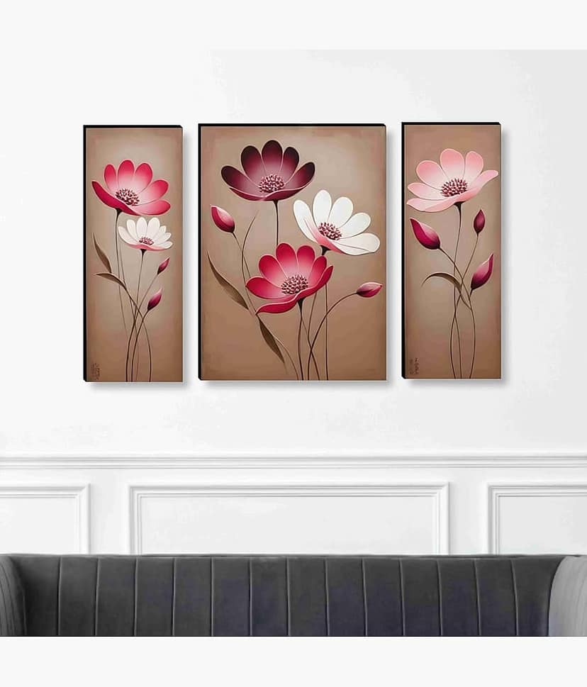 SAF 3D Effect Pink Floral Wall Art – 3 Panel Modern Blossom Painting on Beige Background for Hall, Office & Elegant Home Décor 12 Inch x 20 Inch view 2