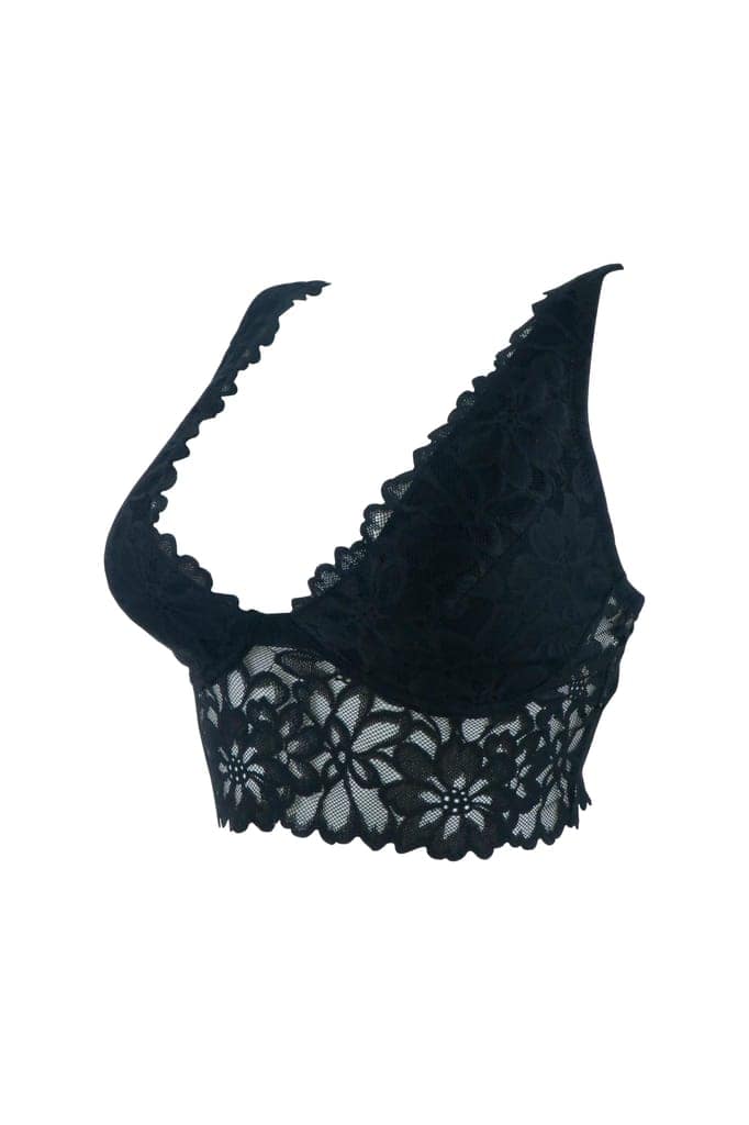 Sheluxe Women’s Floral Lace Longline Bralette with Deep V-Neck, Wire-Free Support, and Adjustable Straps for Everyday Comfort Black view 3