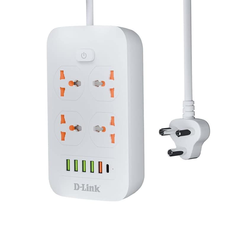 D-Link Power Strip (DPA-F451) with 4 Universal Sockets with Child Security + 5 USB Ports + 1 Type-C Port, High Temperature Fuse Protector, 1500W with 2 Meter Cable, 250 Volts, White