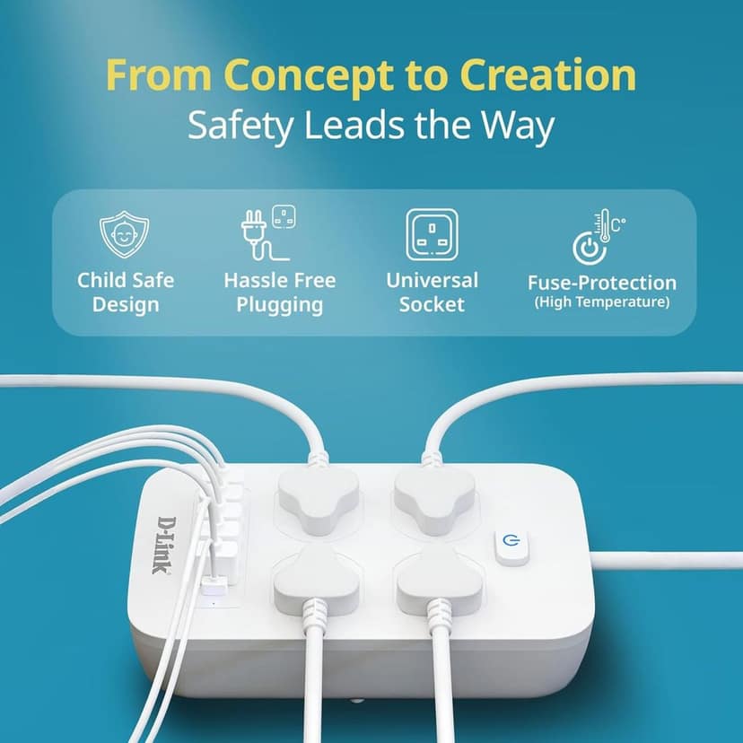 D-Link Power Strip (DPA-F451) with 4 Universal Sockets with Child Security + 5 USB Ports + 1 Type-C Port, High Temperature Fuse Protector, 1500W with 2 Meter Cable, 250 Volts, White view 2
