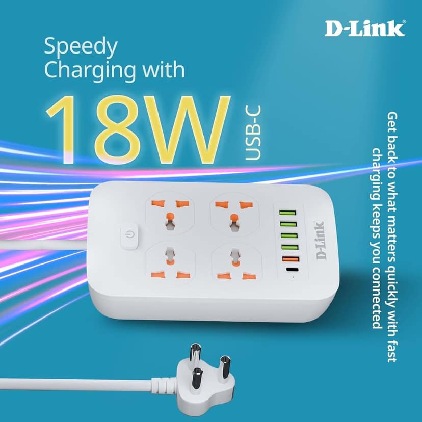 D-Link Power Strip (DPA-F451) with 4 Universal Sockets with Child Security + 5 USB Ports + 1 Type-C Port, High Temperature Fuse Protector, 1500W with 2 Meter Cable, 250 Volts, White view 3