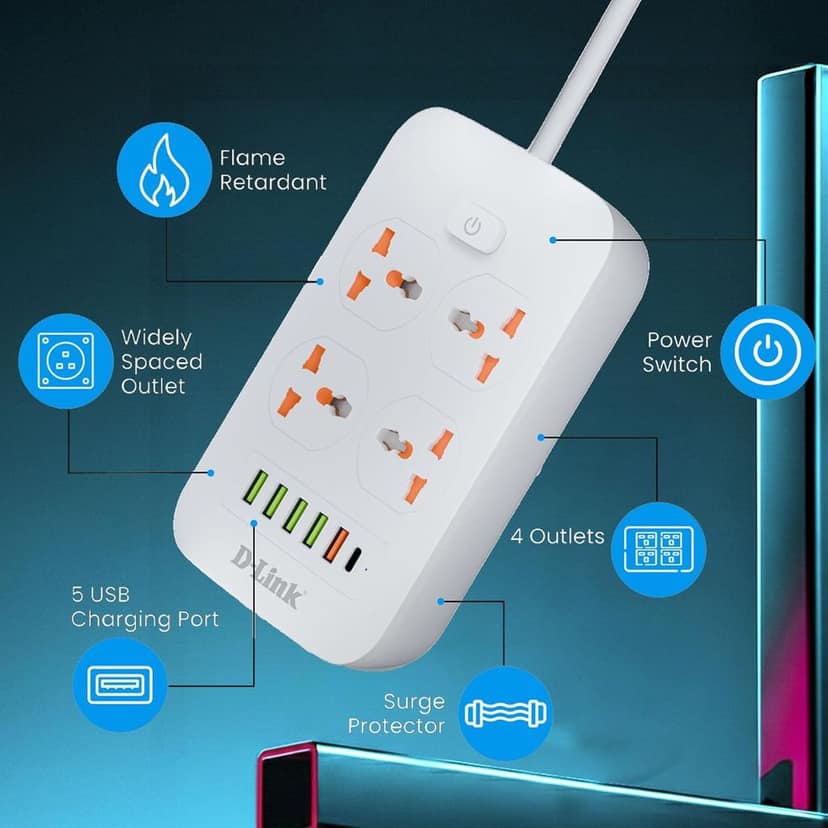 D-Link Power Strip (DPA-F451) with 4 Universal Sockets with Child Security + 5 USB Ports + 1 Type-C Port, High Temperature Fuse Protector, 1500W with 2 Meter Cable, 250 Volts, White view 4