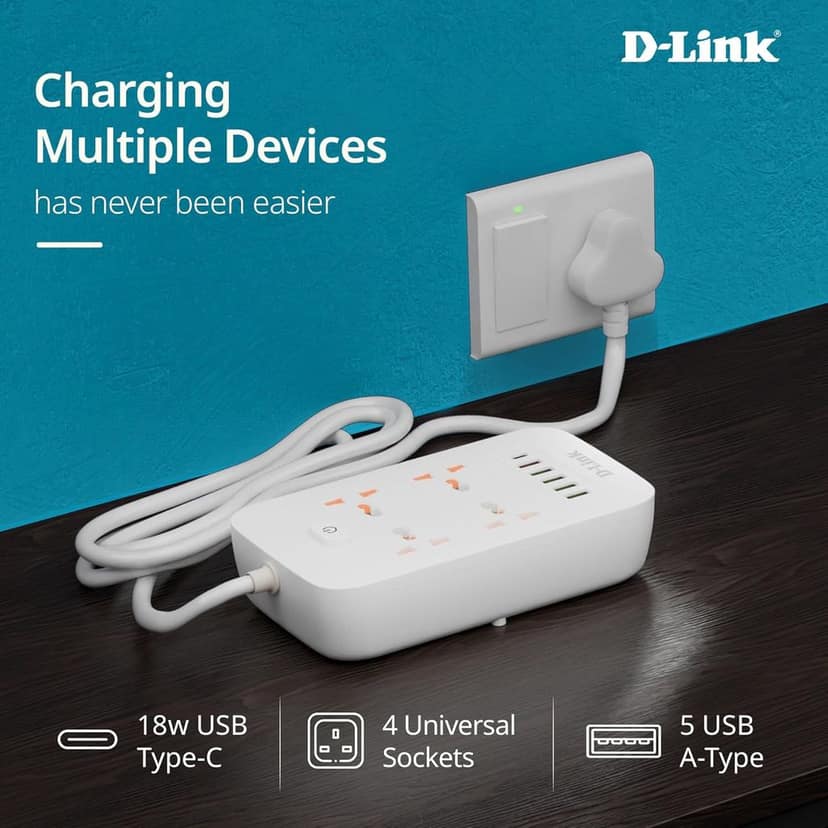 D-Link Power Strip (DPA-F451) with 4 Universal Sockets with Child Security + 5 USB Ports + 1 Type-C Port, High Temperature Fuse Protector, 1500W with 2 Meter Cable, 250 Volts, White view 5