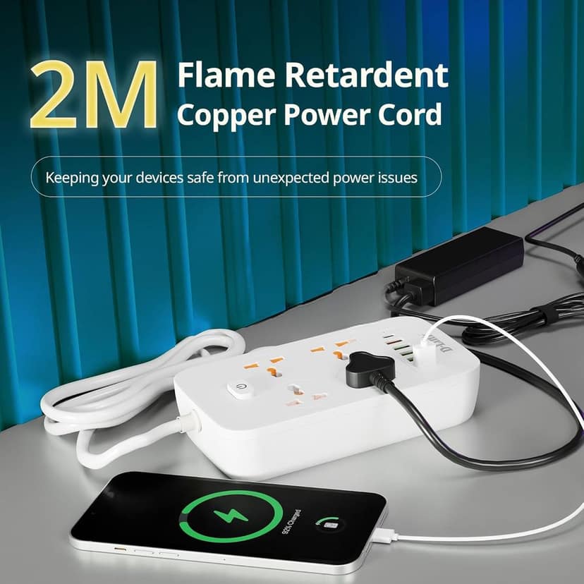 D-Link Power Strip (DPA-F451) with 4 Universal Sockets with Child Security + 5 USB Ports + 1 Type-C Port, High Temperature Fuse Protector, 1500W with 2 Meter Cable, 250 Volts, White view 7