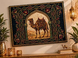 Intricate Beadwork Camel Tapestry Wall Art with Ornate Border