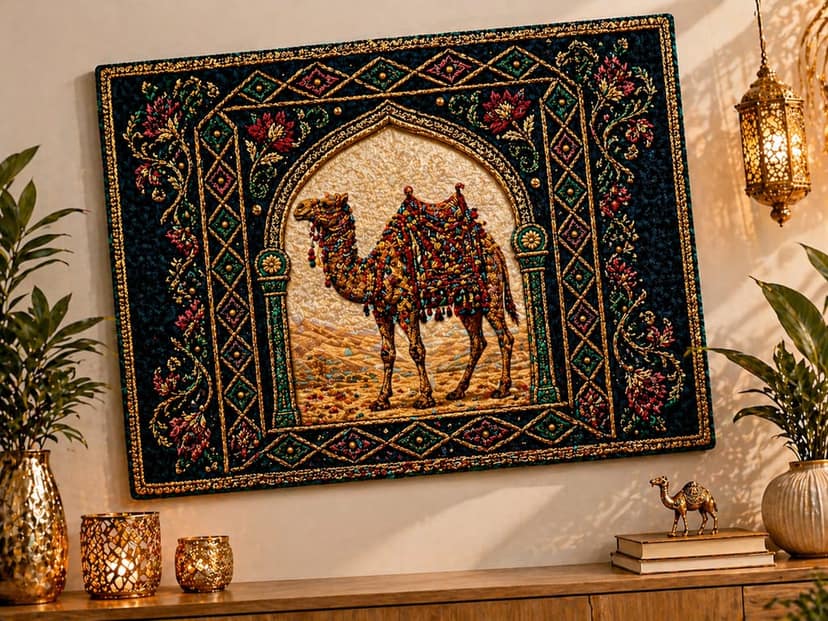 Intricate Beadwork Camel Tapestry Wall Art with Ornate Border