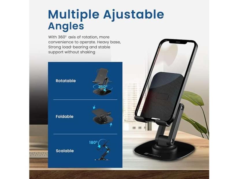 Portronics Mobot III 360° Rotatable & Foldable Mobile Phone Holder With Stable Metallic base,Adjustable Height, Anti Skid Pad,Tabletop Mobile Phone Stand for all Smartphones,tablets,Kindle,ipad view 4