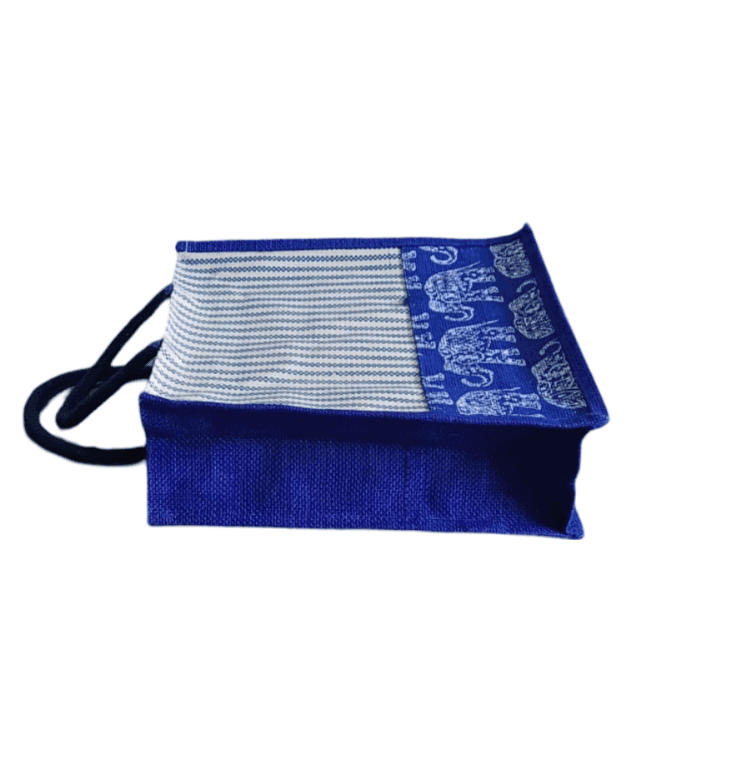 Blue and White Striped Jute Tote Bag with Elephant Print view 2