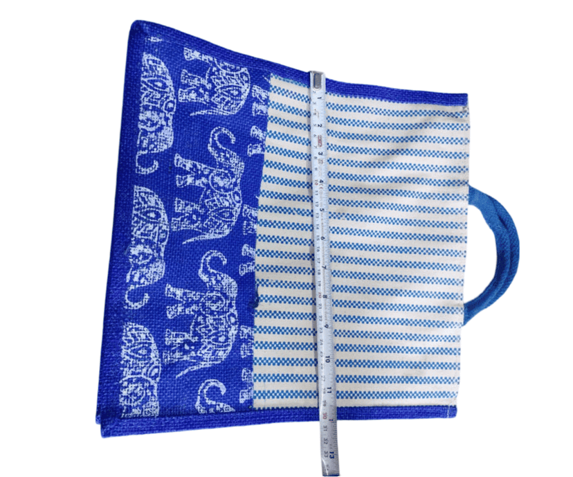 Blue and White Striped Jute Tote Bag with Elephant Print view 5