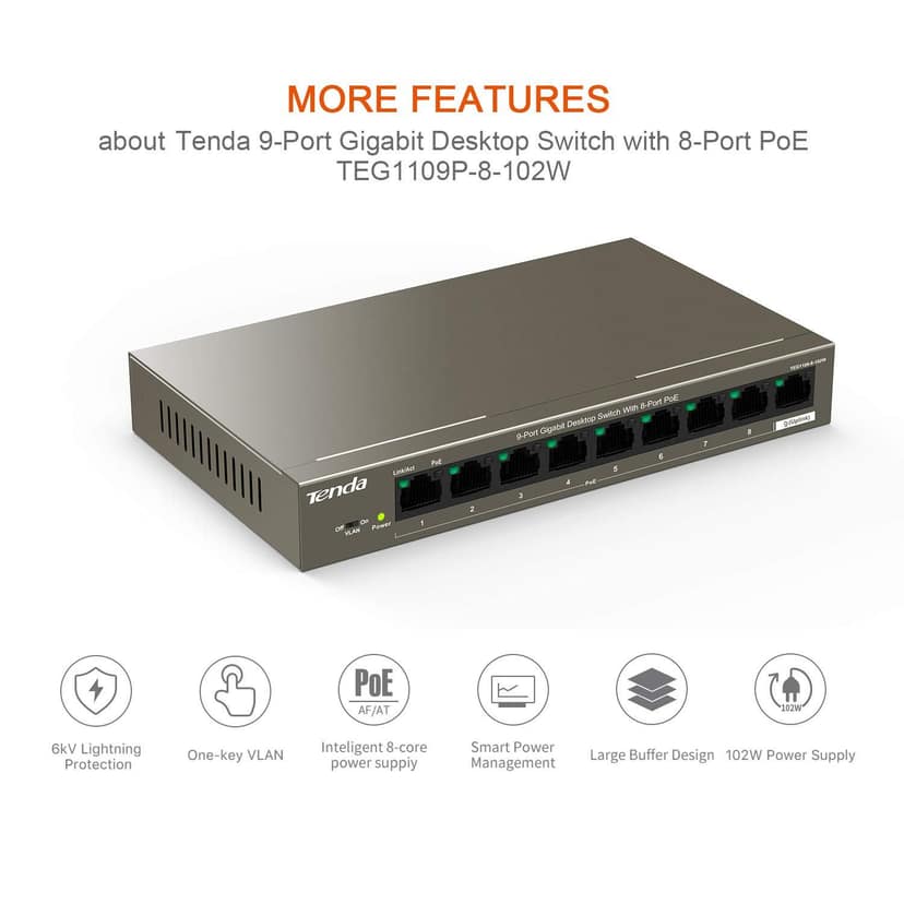 Tenda TEG1109P-8-102W 9-Port Gigabit PoE Switch with 8 PoE Ports, 102W, Plug & Play, Lightning Protection, Metal Housing view 2
