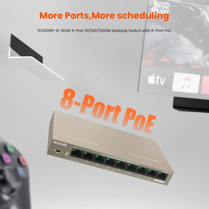 Tenda TEG1109P-8-102W 9-Port Gigabit PoE Switch with 8 PoE Ports, 102W, Plug & Play, Lightning Protection, Metal Housing view 4
