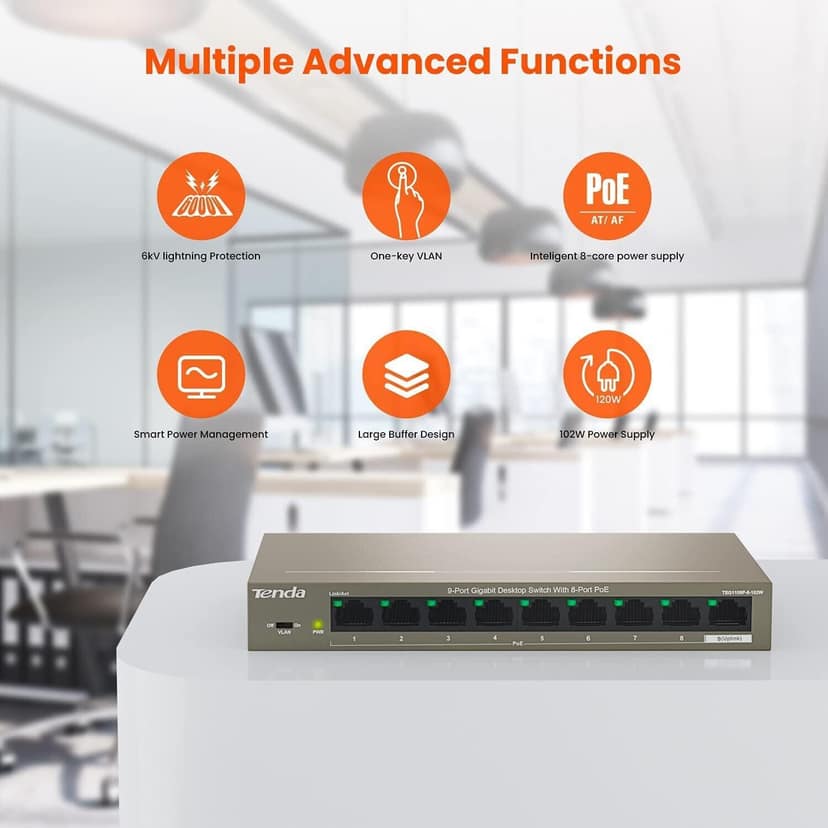 Tenda TEG1109P-8-102W 9-Port Gigabit PoE Switch with 8 PoE Ports, 102W, Plug & Play, Lightning Protection, Metal Housing view 5