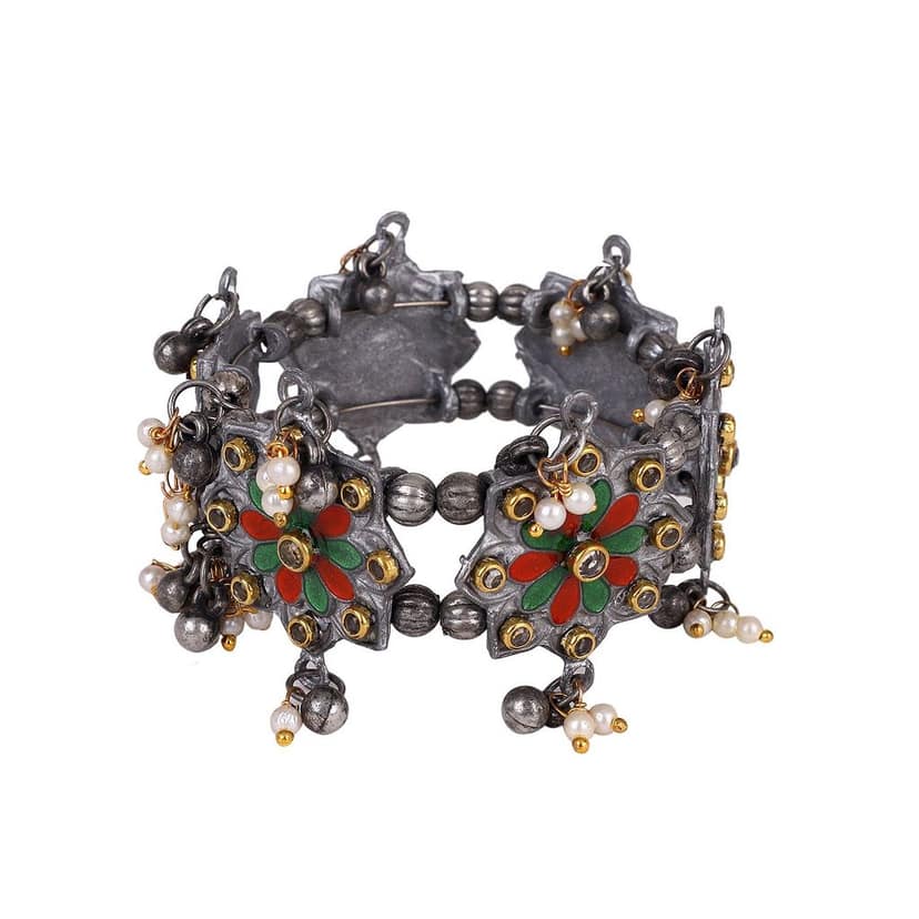 Oxidized Silver Color Minakari Green Color Floral Bracelet view 2