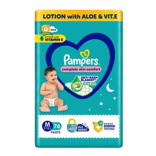 Pampers Complete Skin Comfort Pants, (M) 76 Count, Anti-rash blanket, Lotion with Vitamin E & Aloe Vera, Medium, 7-12kg Pampers Complete Skin Comfort Pants, (M) 76 Count, Anti-rash blanket, Lotion with Vitamin E & Aloe Vera, Medium, 7-12kg - 76