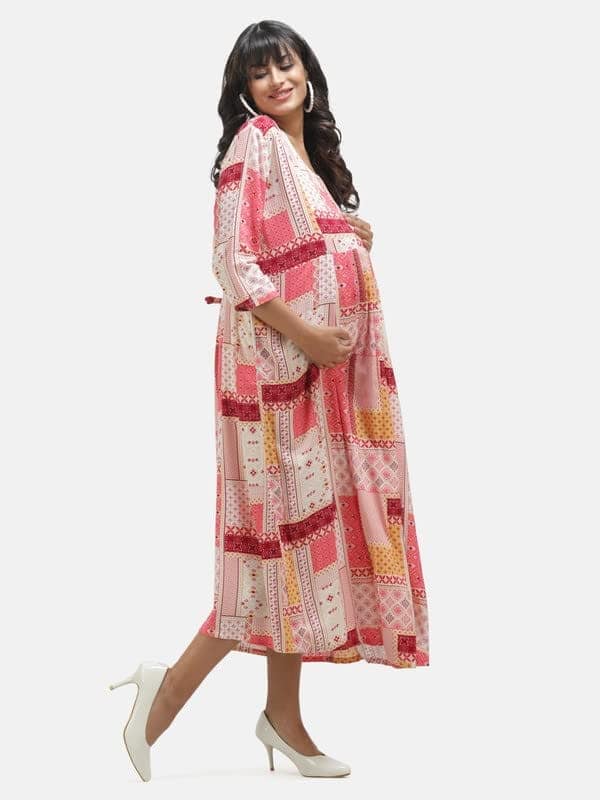 Casual Maternity Dress with Square Print Peach view 2