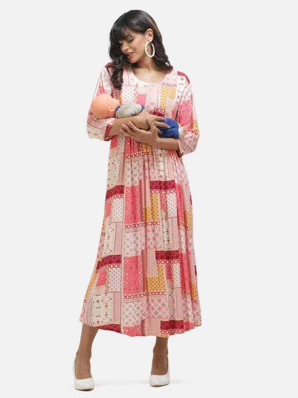 Casual Maternity Dress with Square Print Peach view 5