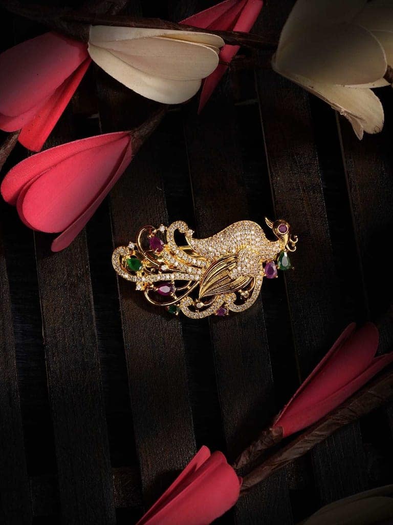 Gold Plated Red & Green Peacock Hair Claw Clip view 2