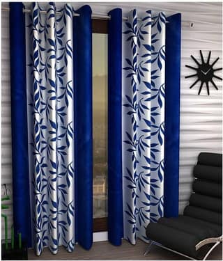 Phyto Home Floral Semi-Transparent Eyelet Door Curtain 7 ft Pack of 2 -Blue