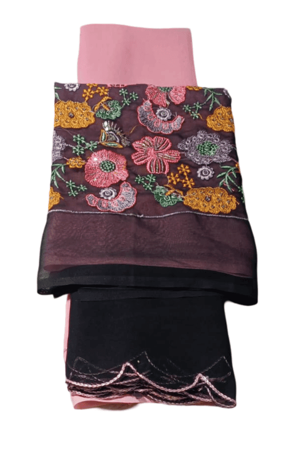 Georgette Pink, Black Saree With Blouse Piece view 3