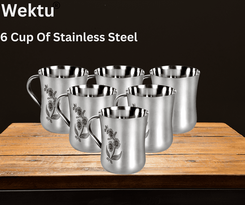 Wektu Stainless Steel Cups Set of 6 with Floral Design