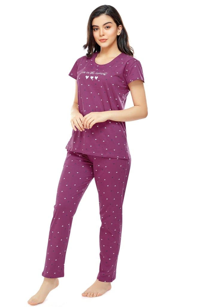 ZEYO Women's Cotton Navy Blue Heart Printed Stylish Night suit set view 4