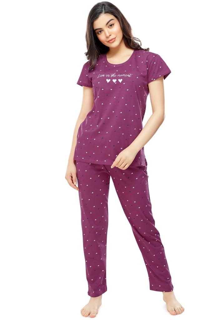 ZEYO Women's Cotton Navy Blue Heart Printed Stylish Night suit set view 5