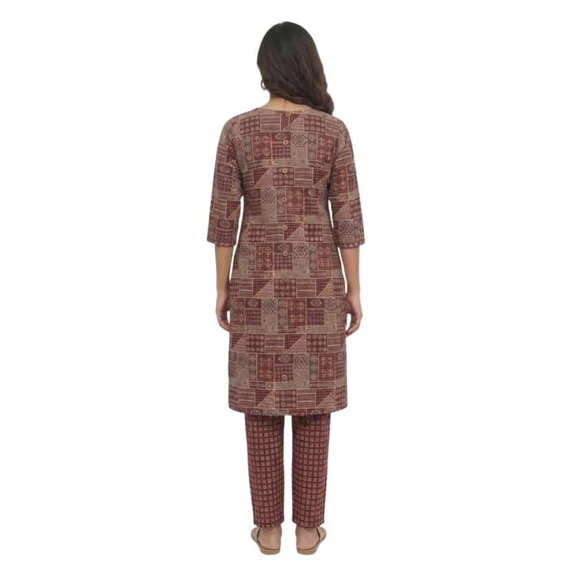 Mom and Me Women's Cotton Kurta Co-Ord Set | 3/4 Sleeves Round Neck | Ethnic Printed, Casual Summer Wear | Ethnic Co Ord Set for Women (IN, Alpha, 2XL, Regular, Wine) view 2