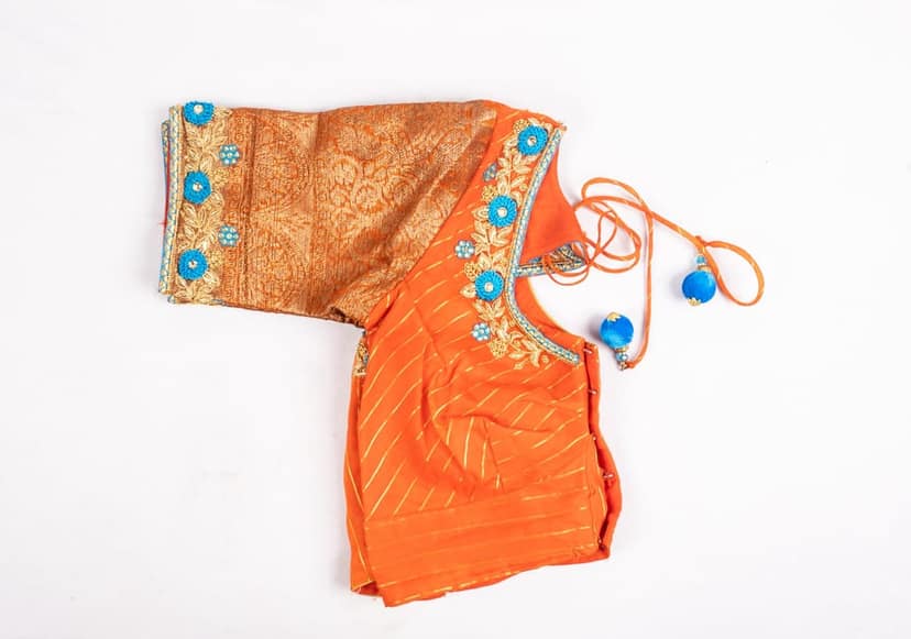 Orange and gold embroidered boat neck blouse view 2