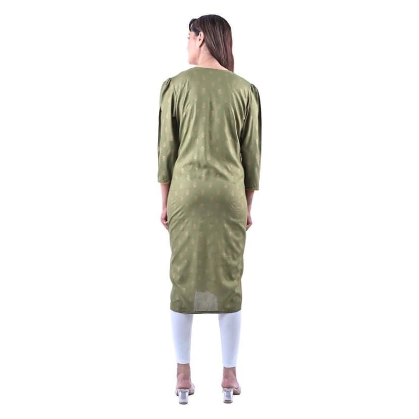 Cotton Rayon Mix Fabric Block Printed Straight Kurta with Side Slit Green Women's view 4