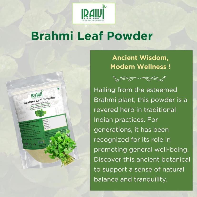 IRAIVI Premium Brahmi Leaf Powder-200g | Vallarai | Ondelaga | 100% Pure & Natural Brahmi Supplement for Mental Clarity & Calm | Supports Cognitive Wellness & Tranquility view 2