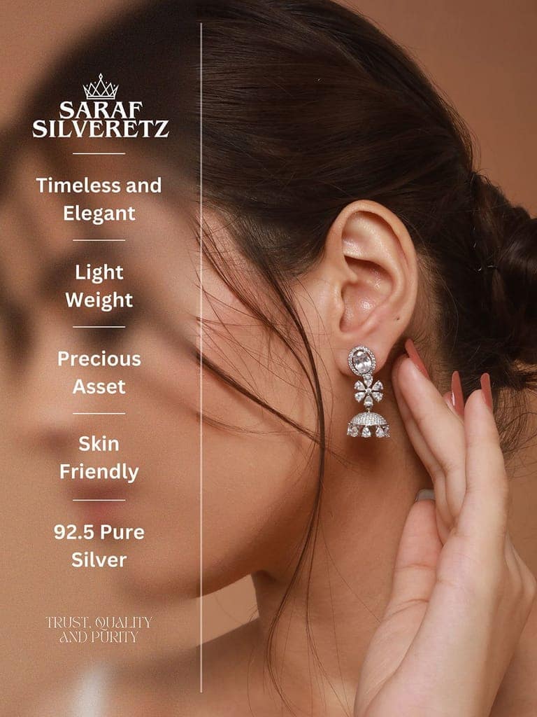 925 Sterling Silver Cubic Zirconia Studded Jhumka Earrings view 4