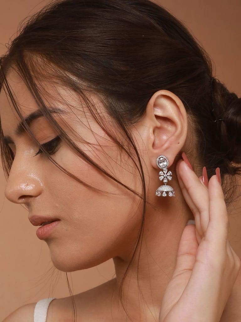 925 Sterling Silver Cubic Zirconia Studded Jhumka Earrings view 6