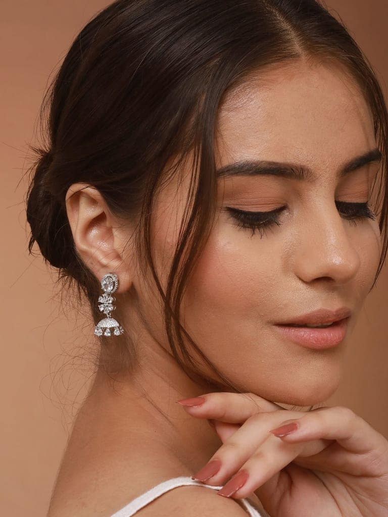 925 Sterling Silver Cubic Zirconia Studded Jhumka Earrings view 7