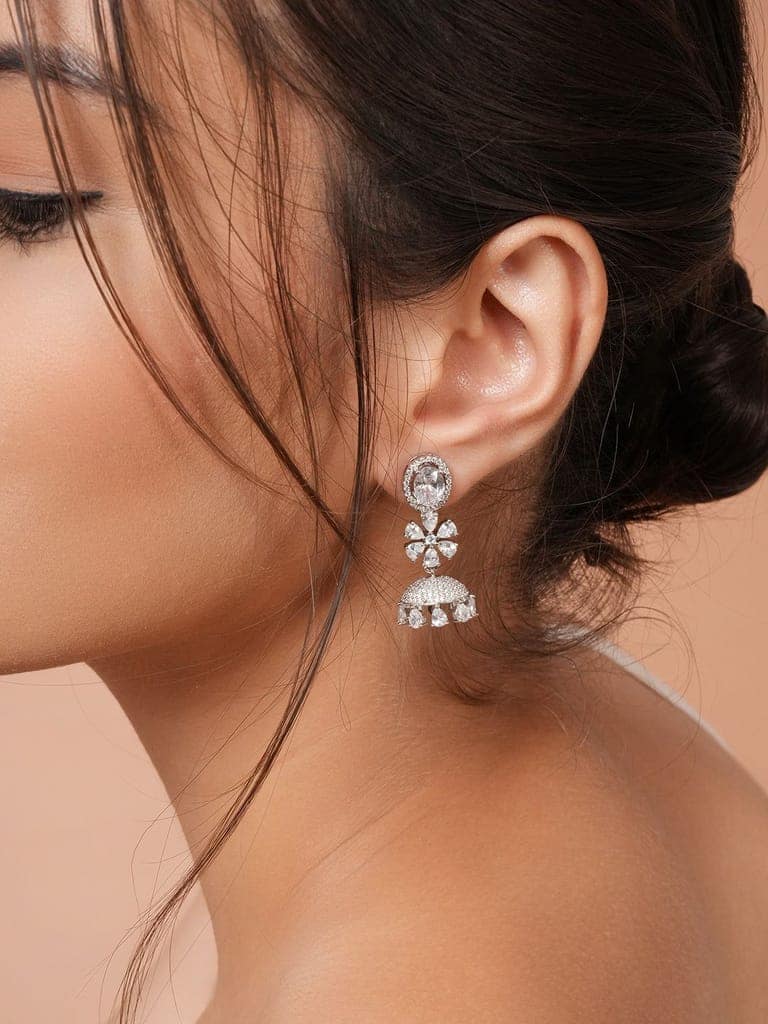 925 Sterling Silver Cubic Zirconia Studded Jhumka Earrings view 8