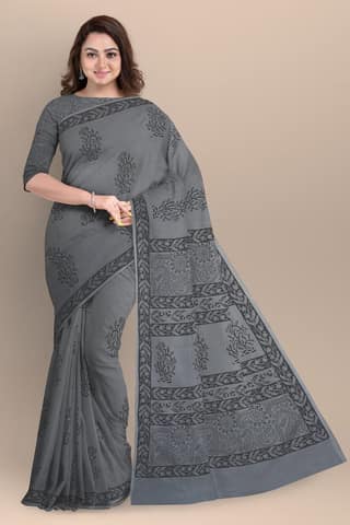 Grey Floral Pattern Hand Block Print Malmal Cotton Saree SKU-AS10070