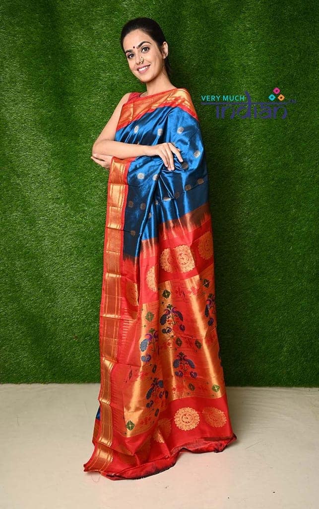 Pure Silk Handloom Maharani Paithani - Handloom Turquoise blue Paithani with Bright Red Border and Traditional Maharani Pallu view 3
