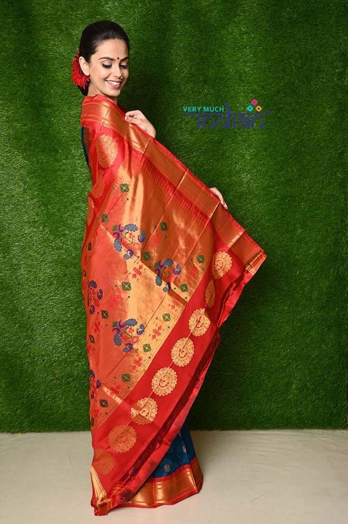 Pure Silk Handloom Maharani Paithani - Handloom Turquoise blue Paithani with Bright Red Border and Traditional Maharani Pallu view 4