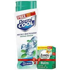 Dermi Cool Prickly Heat Powder Menthol Regular, 150G (Get Zandu Balm Free)