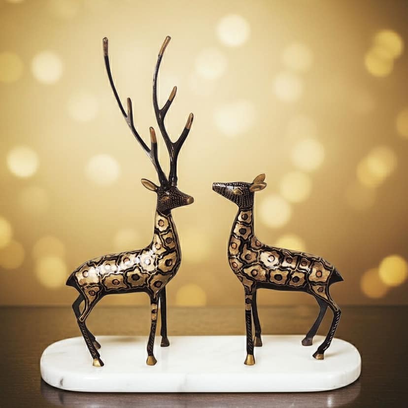 Brass Deer Pair Decorative Showpiece Statue with Black Finish for Home Decor, Height : 16 Inch (ANMAS212 A)