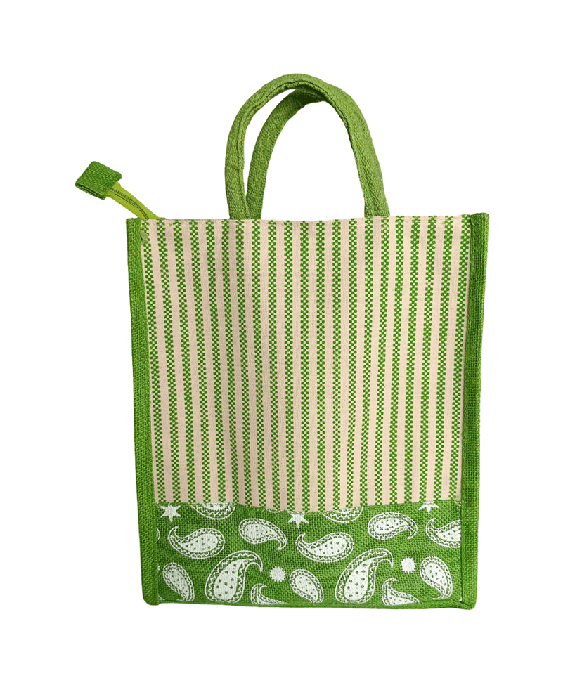 Green Striped Jute Bag with Paisley Pattern - Eco-Friendly