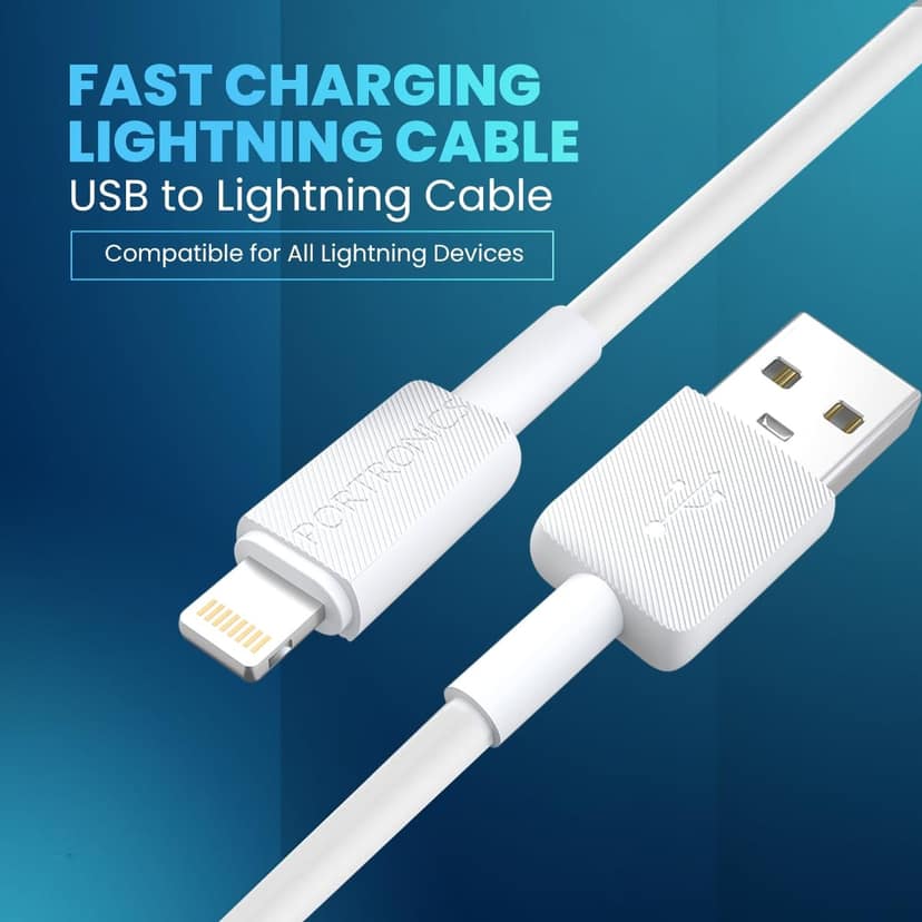 Portronics Konnect Link USB to 8PIN Fast Charging Cable with iOS Compatibility, 3.0A Output, 480Mbps Data Transfer, 1M Length White view 2