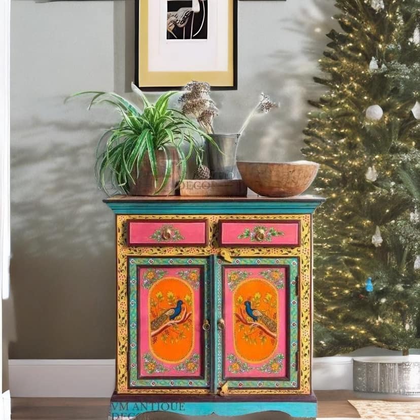Indian Peacock Painted Wooden Cupboard | Sideboard , Cabinet