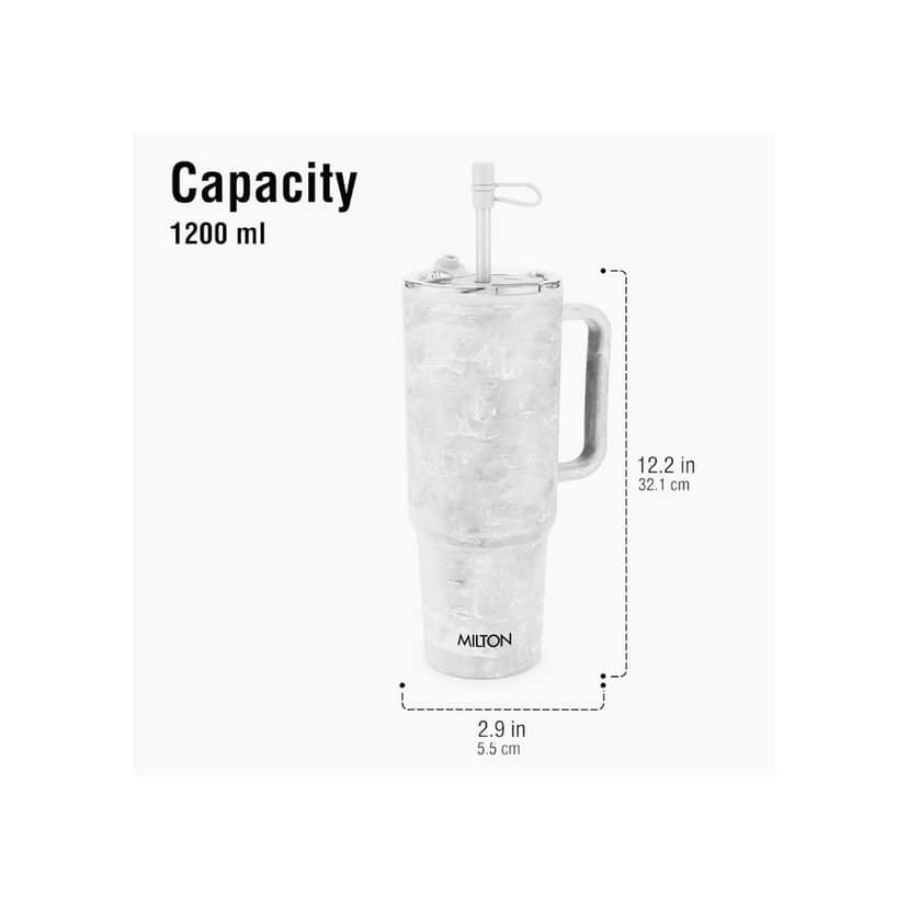 MILTON Puris 1200 Plastic Water Tumbler | 2-in1 Lid Sip or Gulp | Crystal Clear BPA Free-Food Grade | Sturdy Handle | Large Travel Mug for Gym, Office & Outdoor Use, 1200 ml, White view 2