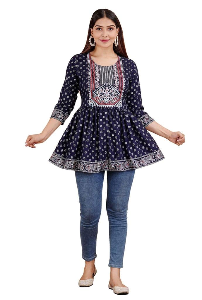 MANMAYEE Indian Tunic Tops Women's Rayon Foil Work Printed Short Round Top | Short Top view 10