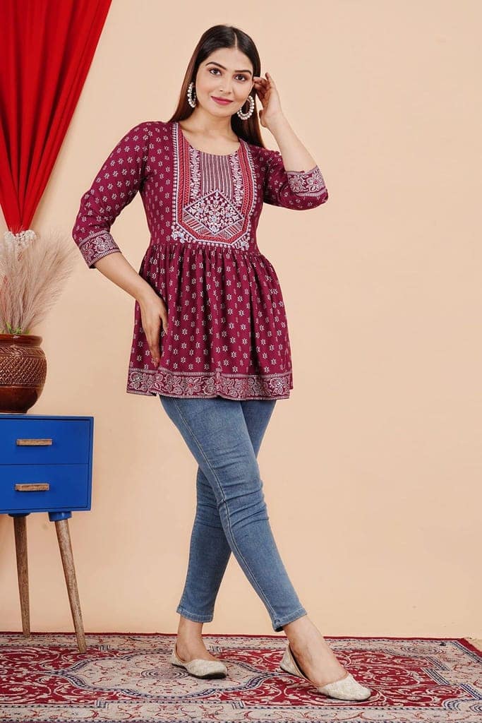 MANMAYEE Indian Tunic Tops Women's Rayon Foil Work Printed Short Round Top | Short Top view 5