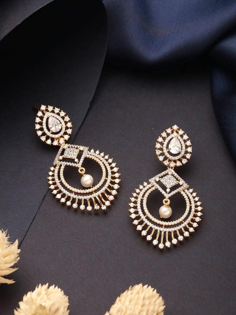 Gold Toned AD Zircon Studded Pearl Beaded Designer Chandbali earrings