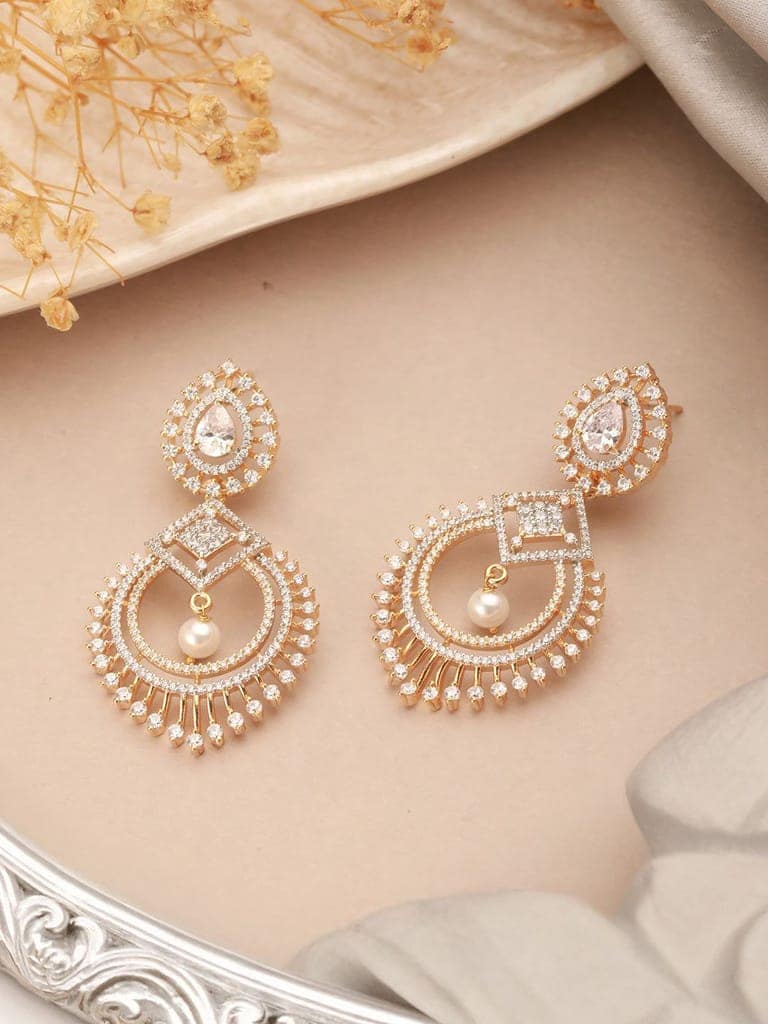 Gold Toned AD Zircon Studded Pearl Beaded Designer Chandbali earrings view 2