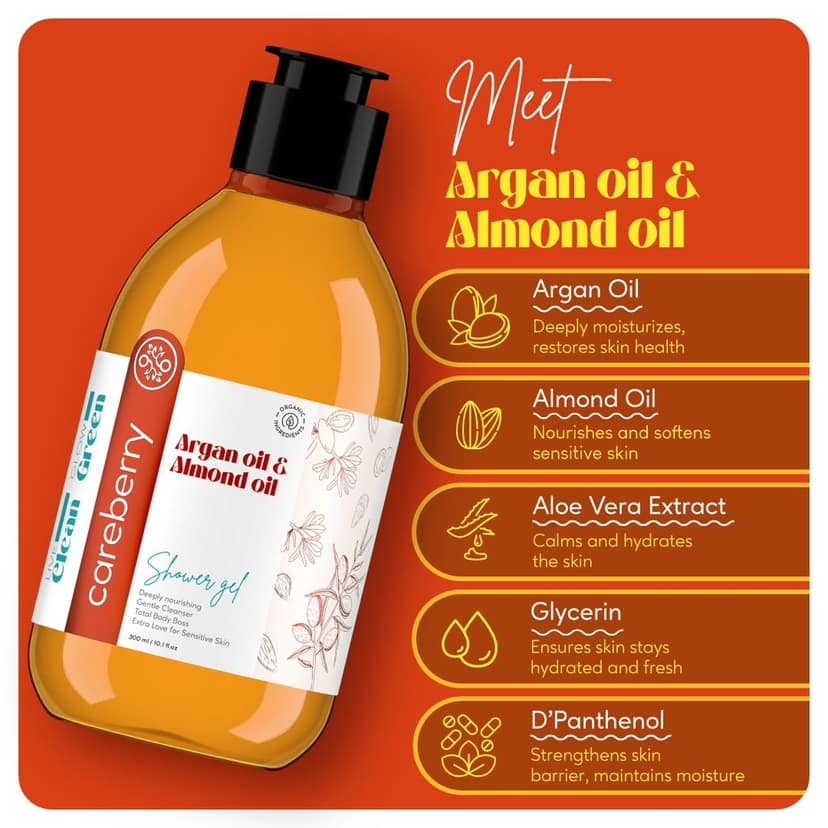 Careberry Argan & Almond Oil Nourishing Shower Gel - Gentle Cleanser for Sensitive Skin, Vegan, Sulphate & Paraben Free - 300ML view 3