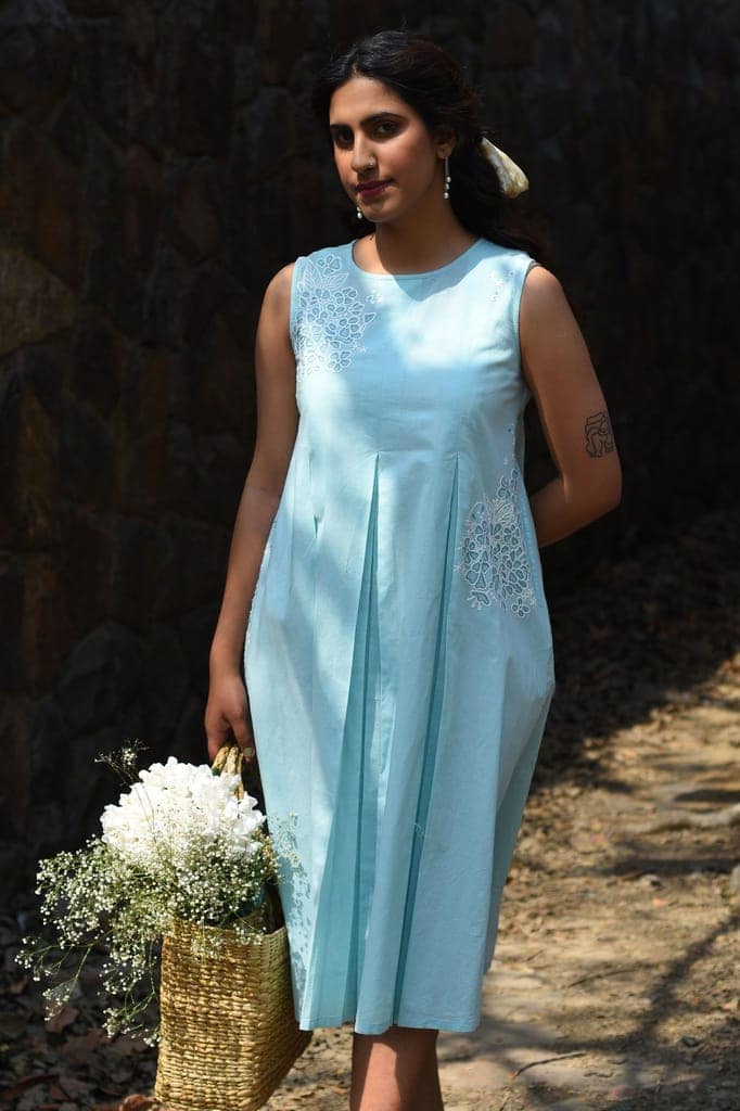 Nargis Blue Kashmiri Crewel Hand Embroidered Long Cotton Dress view 4